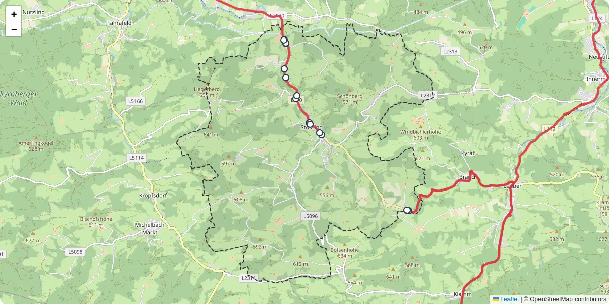 Nahverkehrsnetz in stossing, Österreich - Buslinien, Haltestellen und Verbindungen auf der Karte