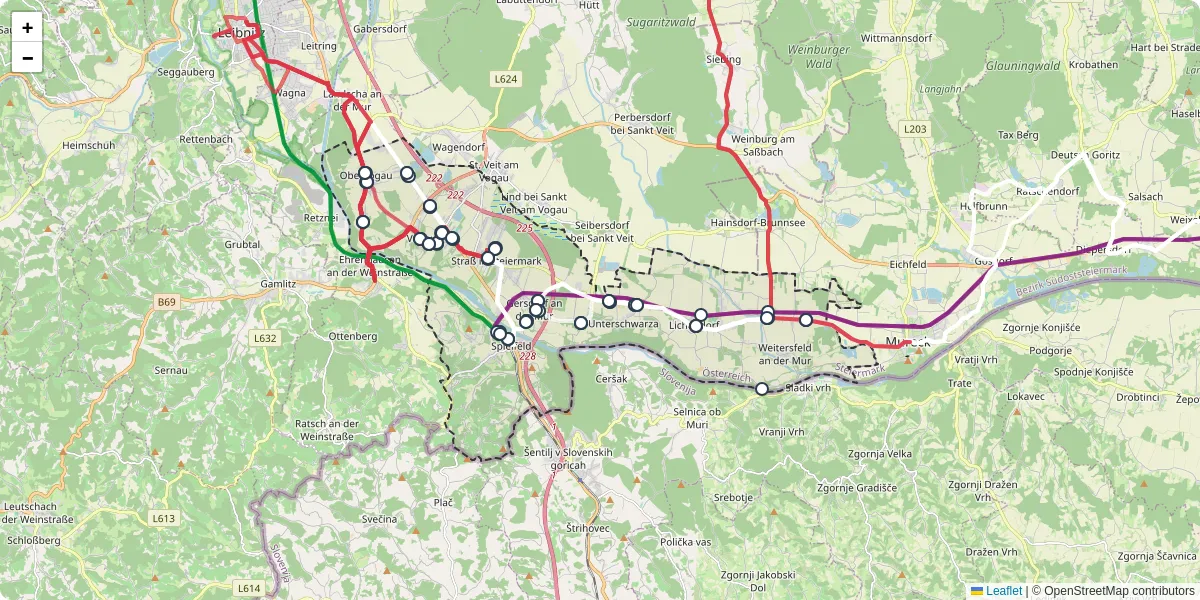 Nahverkehrsnetz in stra-in-steiermark, Österreich - Buslinien, Haltestellen und Verbindungen auf der Karte