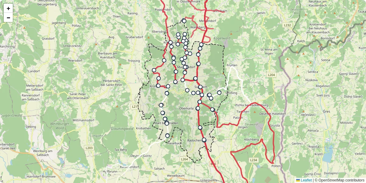 Nahverkehrsnetz in straden, Österreich - Buslinien, Haltestellen und Verbindungen auf der Karte