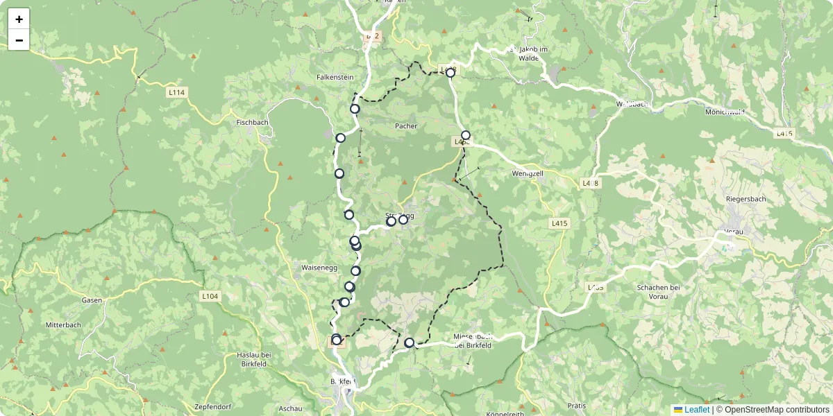 Nahverkehrsnetz in strallegg, Österreich - Buslinien, Haltestellen und Verbindungen auf der Karte