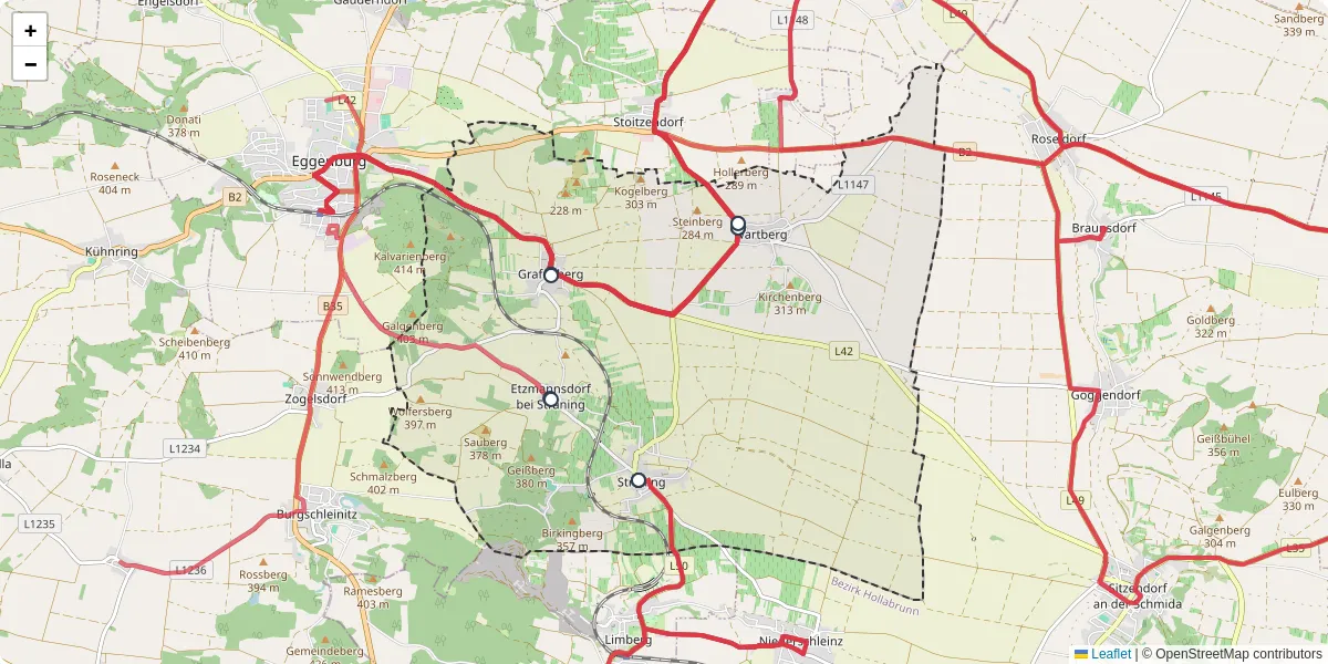 Nahverkehrsnetz in straning-grafenberg, Österreich - Buslinien, Haltestellen und Verbindungen auf der Karte