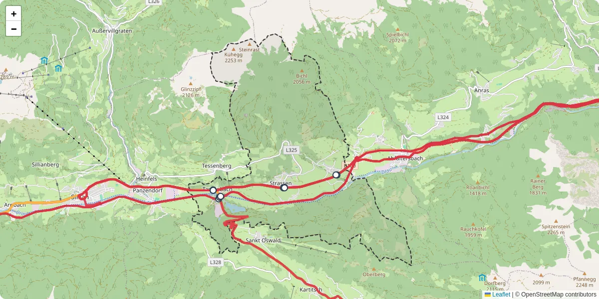 Nahverkehrsnetz in strassen, Österreich - Buslinien, Haltestellen und Verbindungen auf der Karte