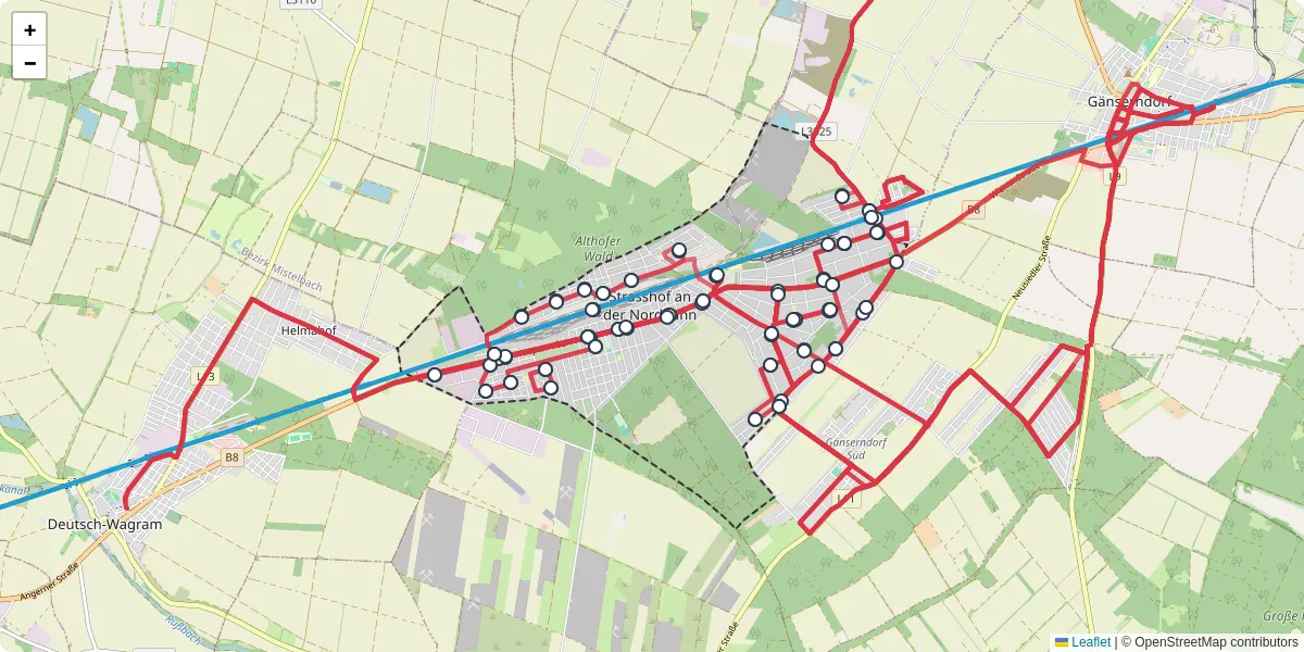 Nahverkehrsnetz in strasshof-an-der-nordbahn, Österreich - Buslinien, Haltestellen und Verbindungen auf der Karte