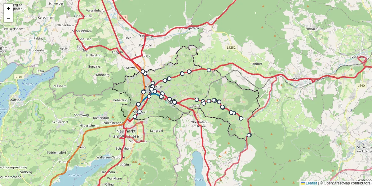 Nahverkehrsnetz in strawalchen, Österreich - Buslinien, Haltestellen und Verbindungen auf der Karte