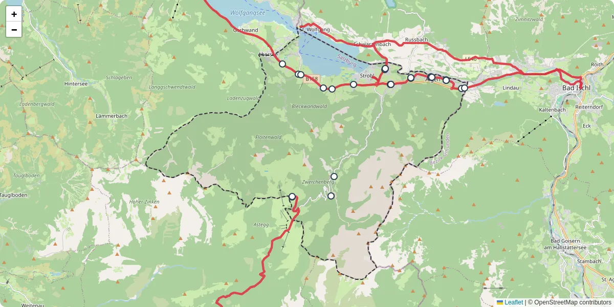 Nahverkehrsnetz in strobl, Österreich - Buslinien, Haltestellen und Verbindungen auf der Karte