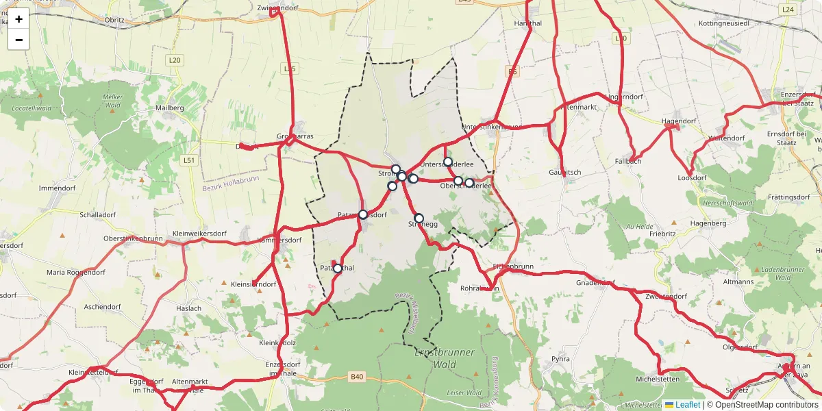 Nahverkehrsnetz in stronsdorf, Österreich - Buslinien, Haltestellen und Verbindungen auf der Karte