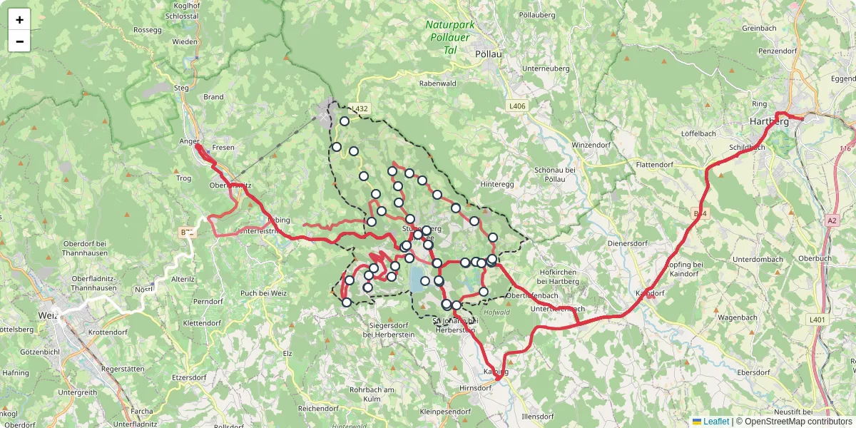 Nahverkehrsnetz in stubenberg, Österreich - Buslinien, Haltestellen und Verbindungen auf der Karte