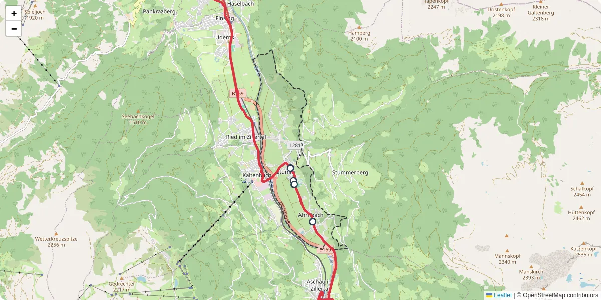 Nahverkehrsnetz in stumm, Österreich - Buslinien, Haltestellen und Verbindungen auf der Karte