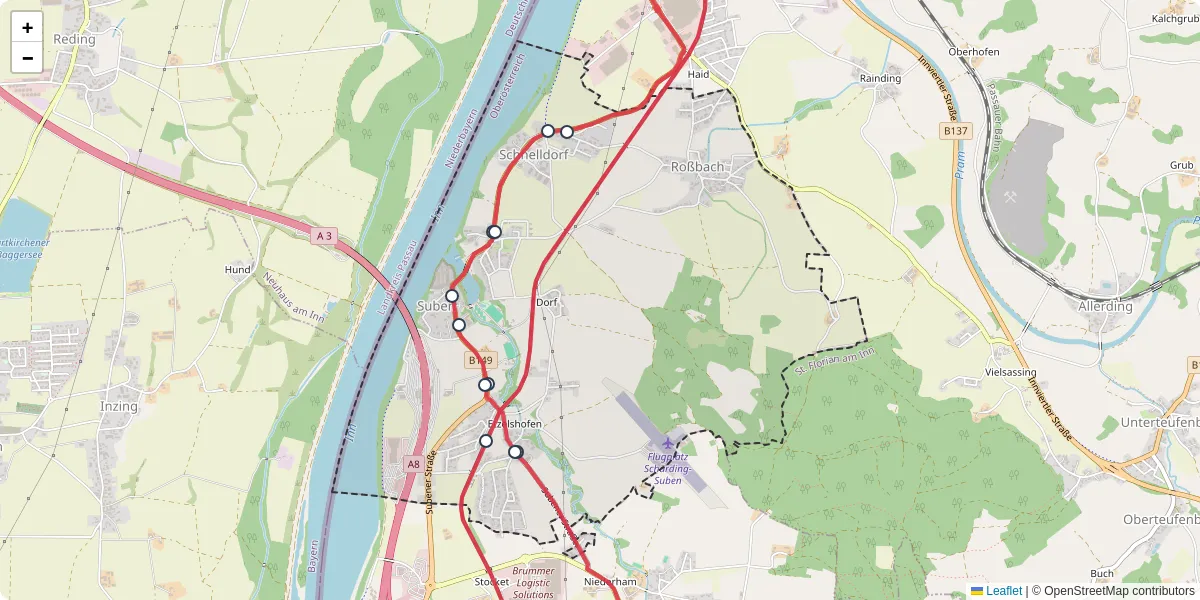 Nahverkehrsnetz in suben, Österreich - Buslinien, Haltestellen und Verbindungen auf der Karte