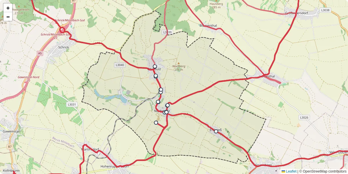 Nahverkehrsnetz in sulz-im-weinviertel, Österreich - Buslinien, Haltestellen und Verbindungen auf der Karte