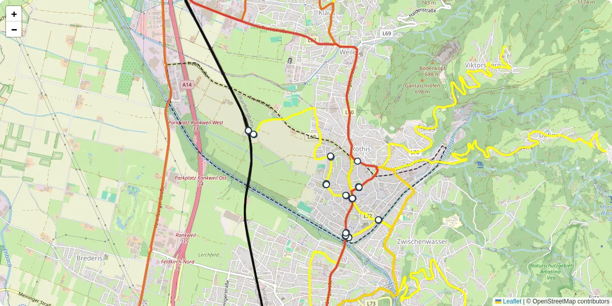 Nahverkehrsnetz in sulz, Österreich - Buslinien, Haltestellen und Verbindungen auf der Karte