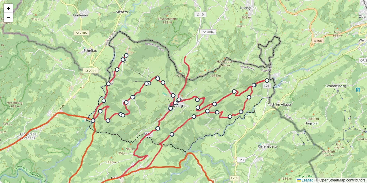 Nahverkehrsnetz in sulzberg, Österreich - Buslinien, Haltestellen und Verbindungen auf der Karte