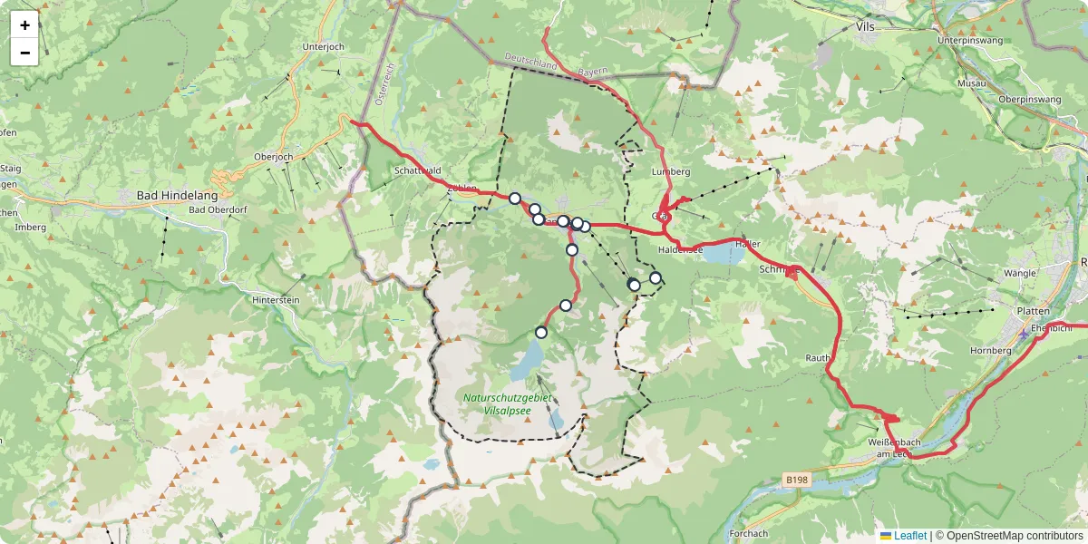Nahverkehrsnetz in tannheim, Österreich - Buslinien, Haltestellen und Verbindungen auf der Karte