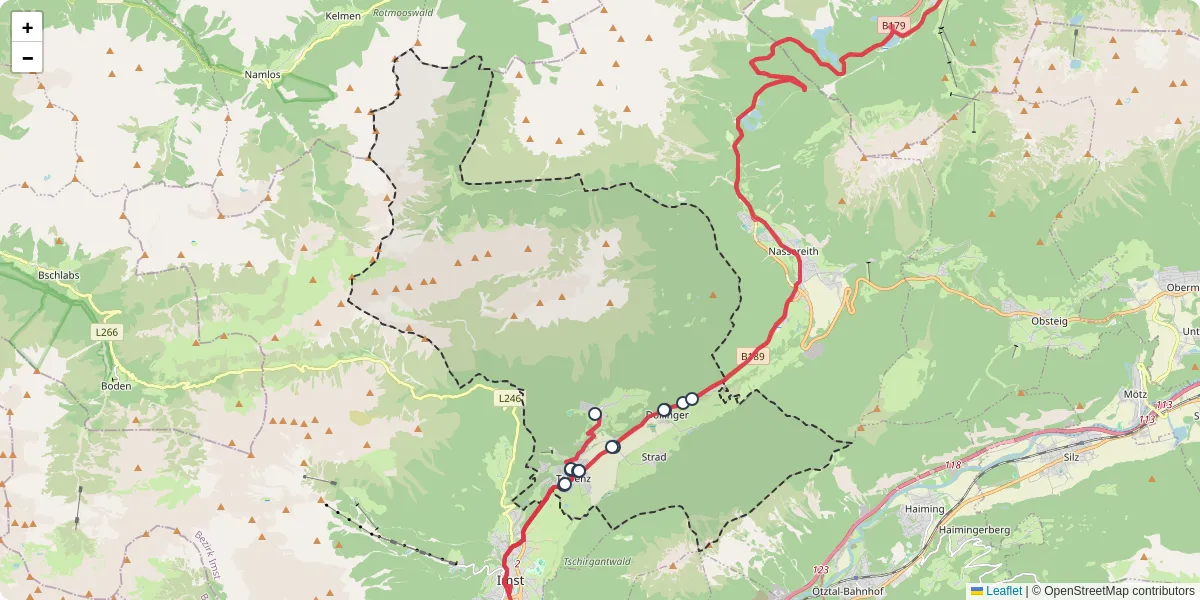 Nahverkehrsnetz in tarrenz, Österreich - Buslinien, Haltestellen und Verbindungen auf der Karte