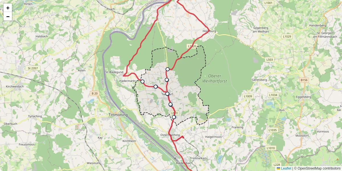 Nahverkehrsnetz in tarsdorf, Österreich - Buslinien, Haltestellen und Verbindungen auf der Karte