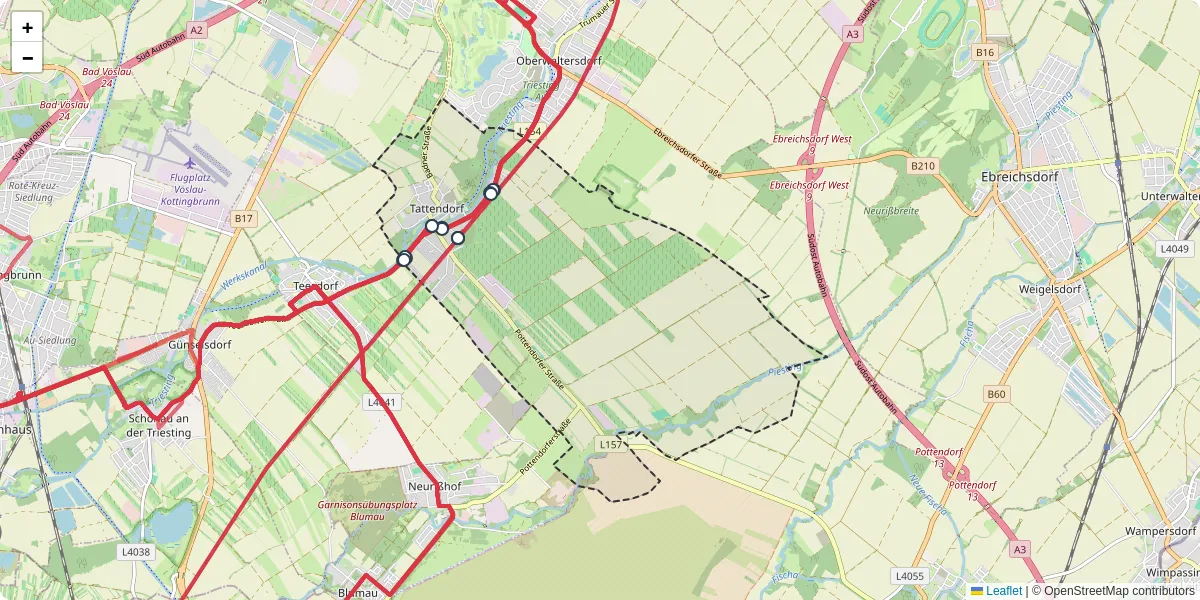Nahverkehrsnetz in tattendorf, Österreich - Buslinien, Haltestellen und Verbindungen auf der Karte