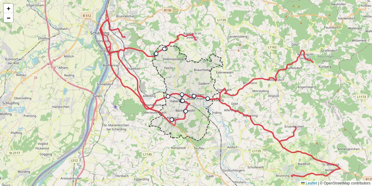 Nahverkehrsnetz in taufkirchen-an-der-pram, Österreich - Buslinien, Haltestellen und Verbindungen auf der Karte