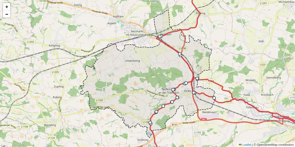 Nahverkehrsnetz in taufkirchen-an-der-trattnach, Österreich - Buslinien, Haltestellen und Verbindungen auf der Karte