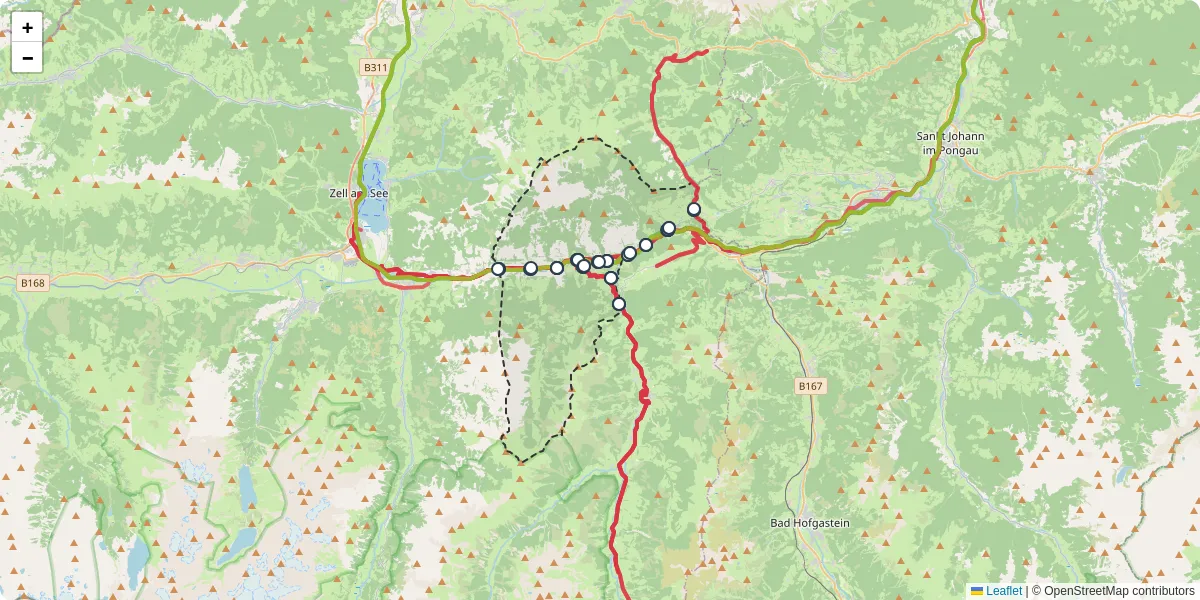 Nahverkehrsnetz in taxenbach, Österreich - Buslinien, Haltestellen und Verbindungen auf der Karte