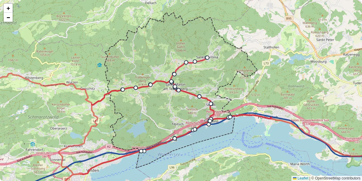 Nahverkehrsnetz in techelsberg-am-worther-see, Österreich - Buslinien, Haltestellen und Verbindungen auf der Karte
