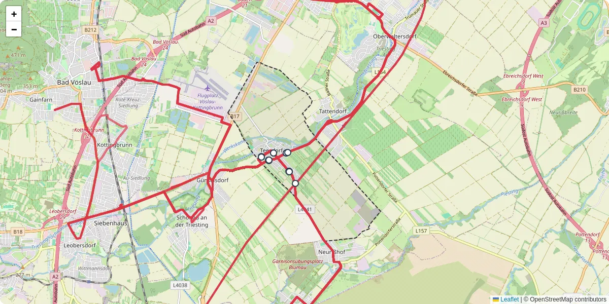 Nahverkehrsnetz in teesdorf, Österreich - Buslinien, Haltestellen und Verbindungen auf der Karte