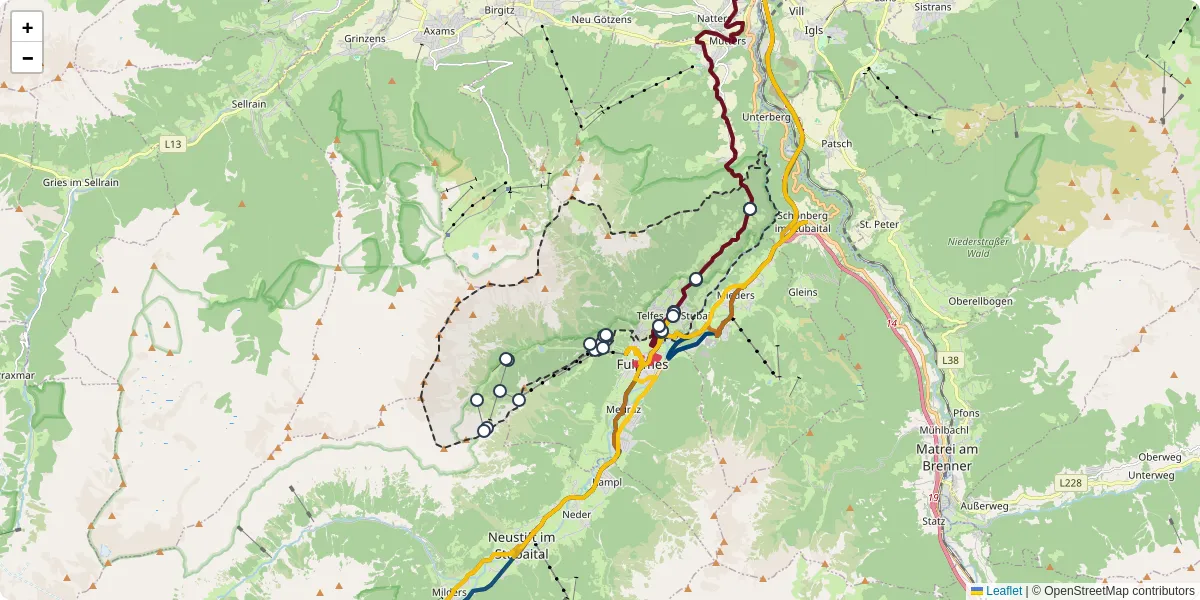 Nahverkehrsnetz in telfes-im-stubai, Österreich - Buslinien, Haltestellen und Verbindungen auf der Karte