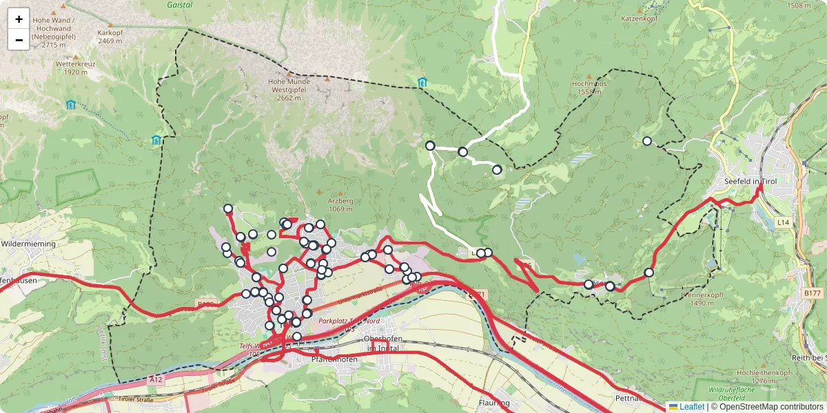 Nahverkehrsnetz in telfs, Österreich - Buslinien, Haltestellen und Verbindungen auf der Karte