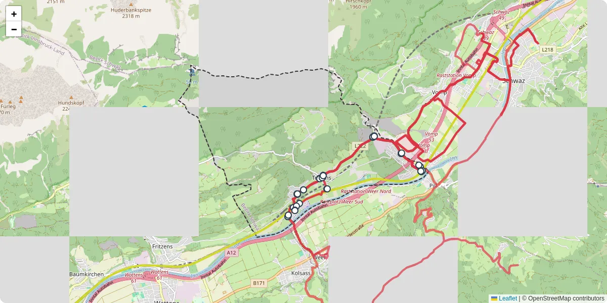 Nahverkehrsnetz in terfens, Österreich - Buslinien, Haltestellen und Verbindungen auf der Karte