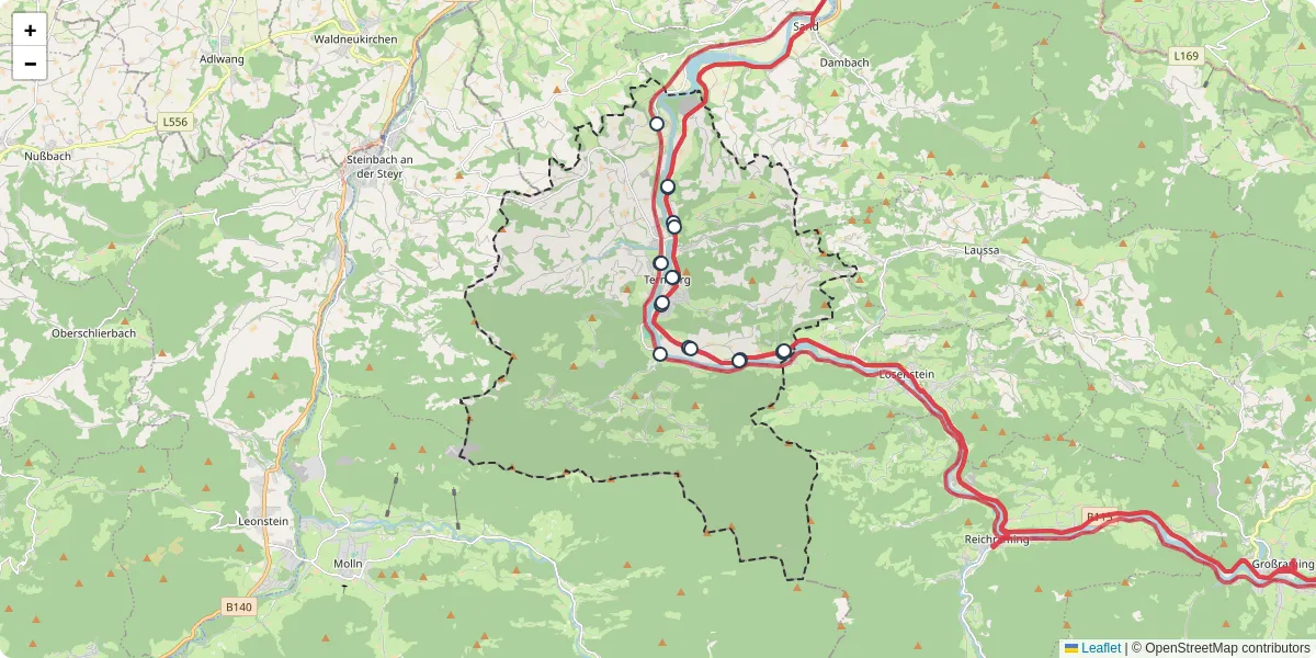 Nahverkehrsnetz in ternberg, Österreich - Buslinien, Haltestellen und Verbindungen auf der Karte