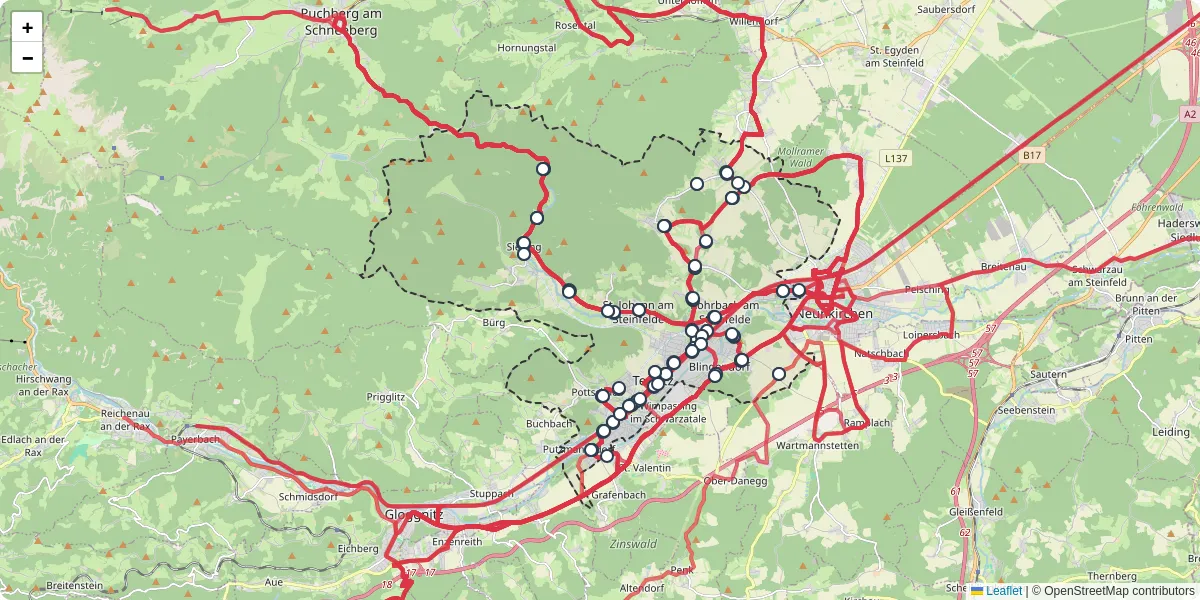 Nahverkehrsnetz in ternitz, Österreich - Buslinien, Haltestellen und Verbindungen auf der Karte