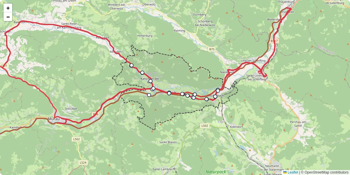 Nahverkehrsnetz in teufenbach-katsch, Österreich - Buslinien, Haltestellen und Verbindungen auf der Karte