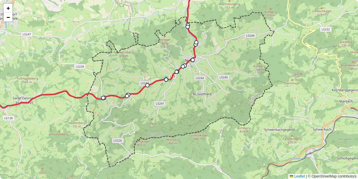 Nahverkehrsnetz in texingtal, Österreich - Buslinien, Haltestellen und Verbindungen auf der Karte