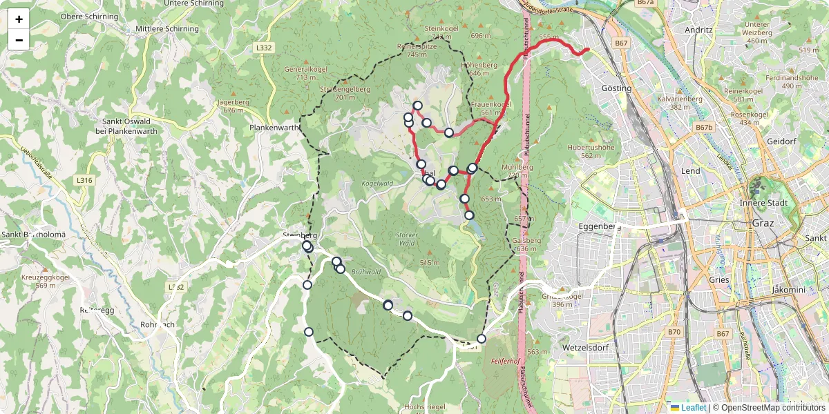 Nahverkehrsnetz in thal, Österreich - Buslinien, Haltestellen und Verbindungen auf der Karte