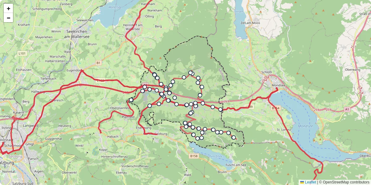 Nahverkehrsnetz in thalgau, Österreich - Buslinien, Haltestellen und Verbindungen auf der Karte