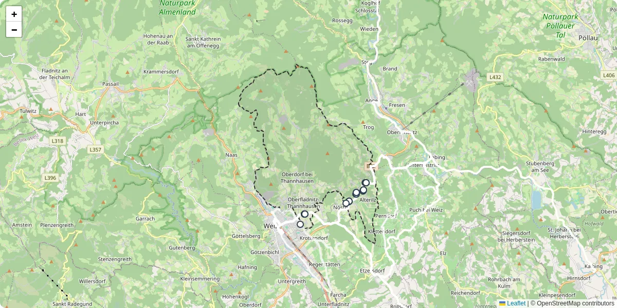 Nahverkehrsnetz in thannhausen, Österreich - Buslinien, Haltestellen und Verbindungen auf der Karte