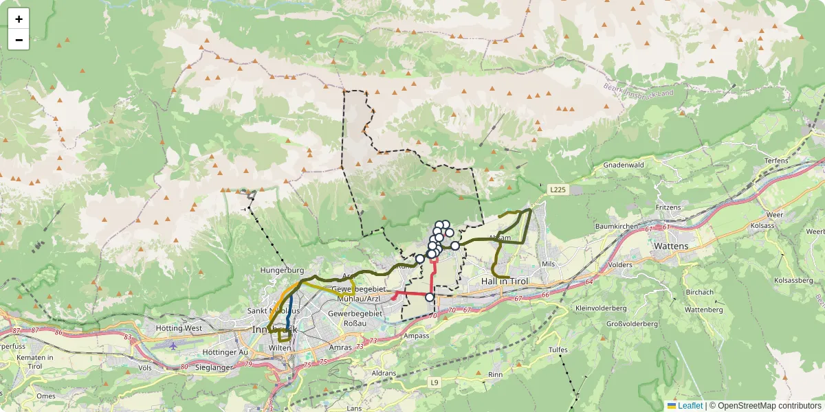 Nahverkehrsnetz in thaur, Österreich - Buslinien, Haltestellen und Verbindungen auf der Karte