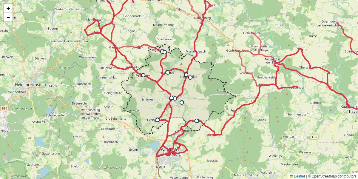 Nahverkehrsnetz in thaya, Österreich - Buslinien, Haltestellen und Verbindungen auf der Karte