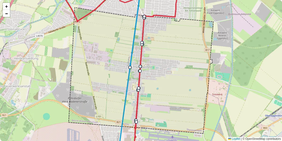 Nahverkehrsnetz in theresienfeld, Österreich - Buslinien, Haltestellen und Verbindungen auf der Karte