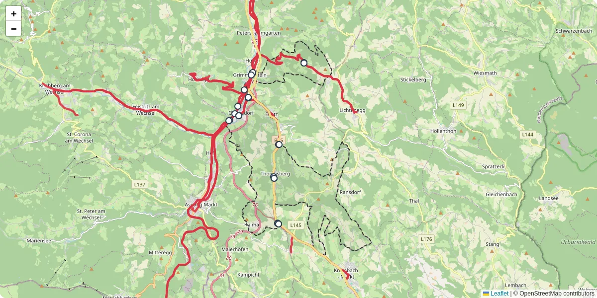 Nahverkehrsnetz in thomasberg, Österreich - Buslinien, Haltestellen und Verbindungen auf der Karte