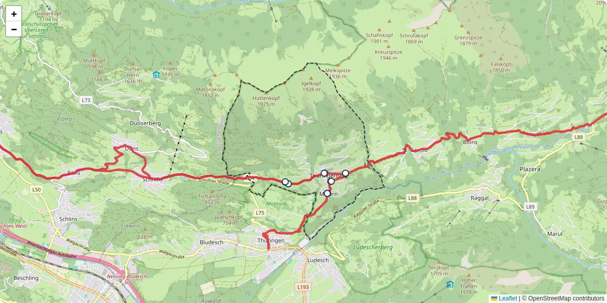 Nahverkehrsnetz in thuringerberg, Österreich - Buslinien, Haltestellen und Verbindungen auf der Karte