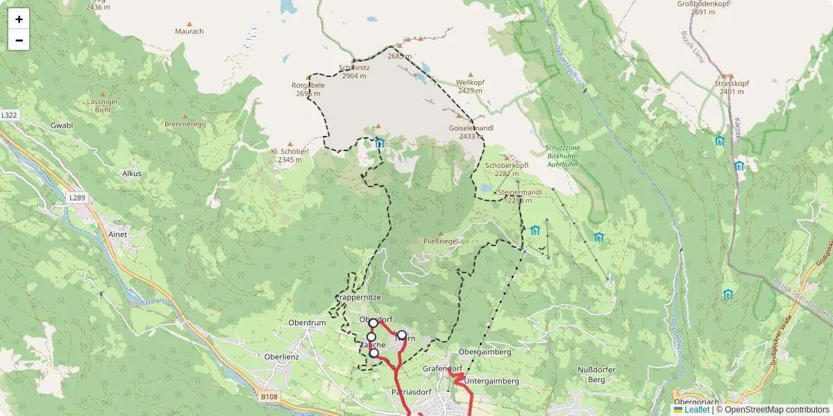 Nahverkehrsnetz in thurn, Österreich - Buslinien, Haltestellen und Verbindungen auf der Karte