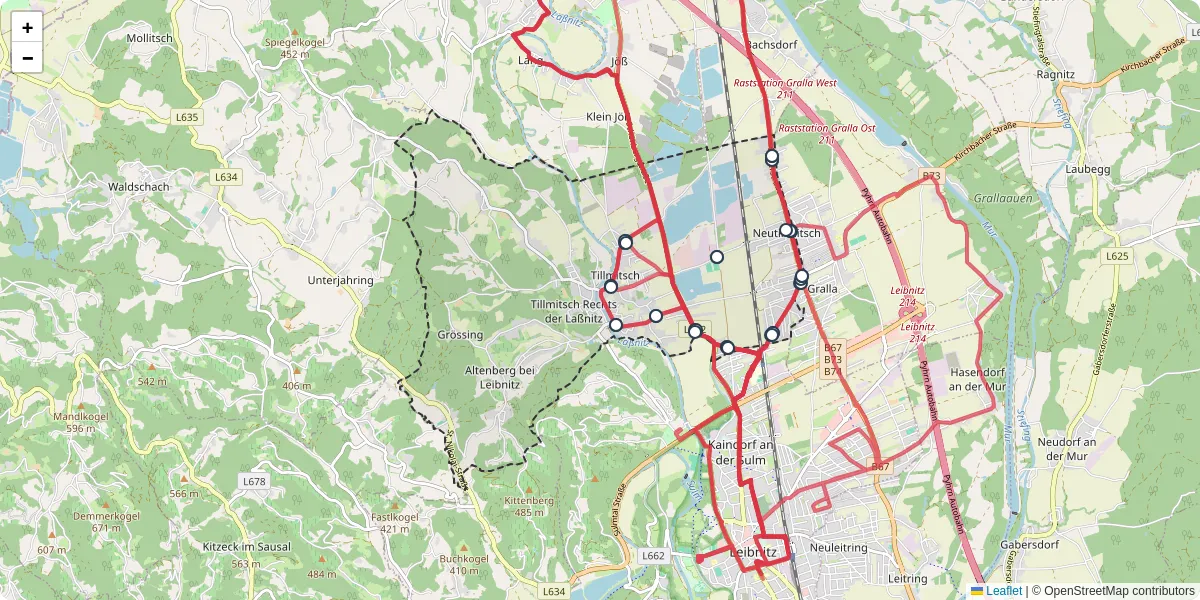 Nahverkehrsnetz in tillmitsch, Österreich - Buslinien, Haltestellen und Verbindungen auf der Karte