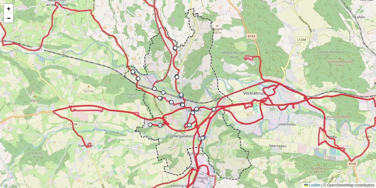 Nahverkehrsnetz in timelkam, Österreich - Buslinien, Haltestellen und Verbindungen auf der Karte