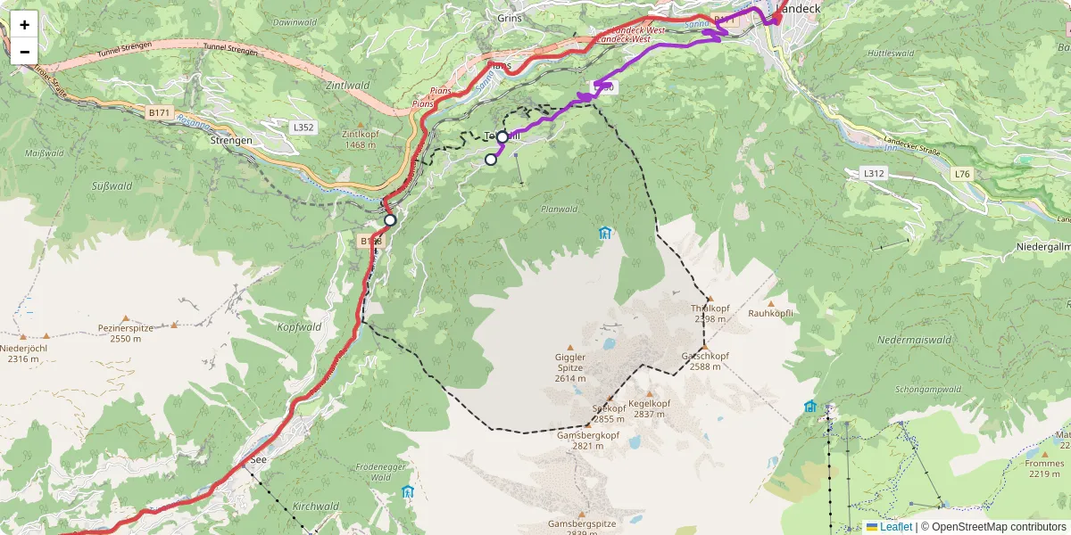 Nahverkehrsnetz in tobadill, Österreich - Buslinien, Haltestellen und Verbindungen auf der Karte