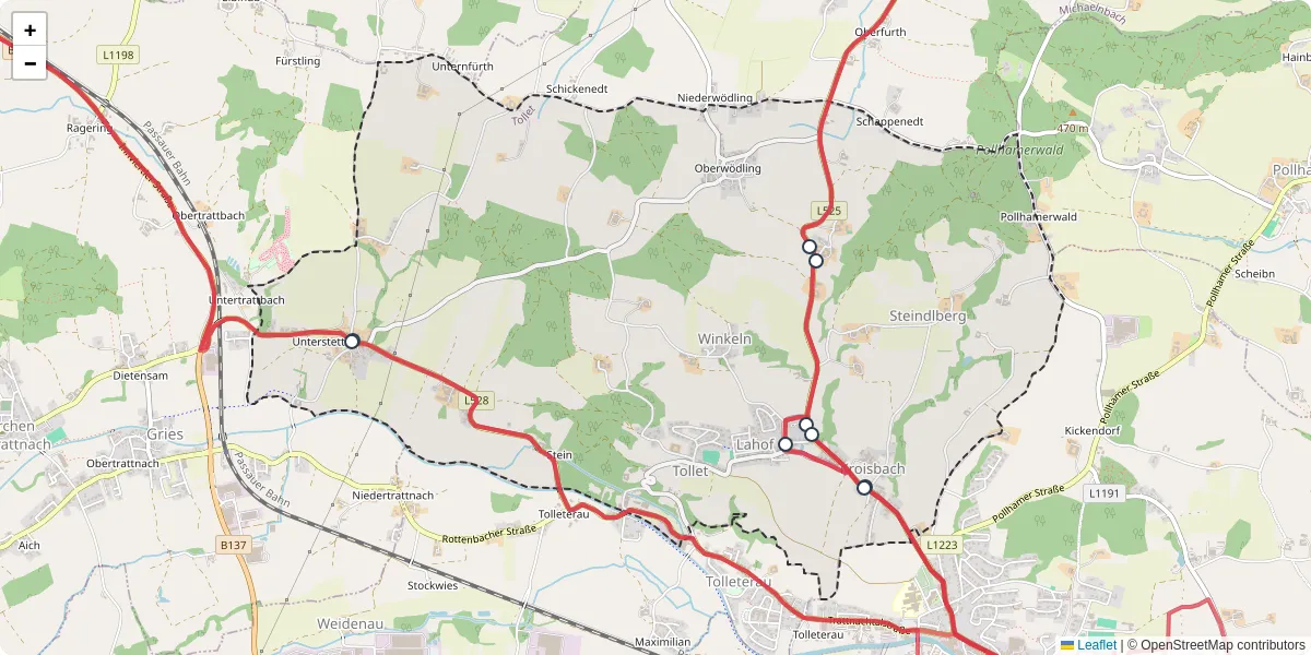 Nahverkehrsnetz in tollet, Österreich - Buslinien, Haltestellen und Verbindungen auf der Karte