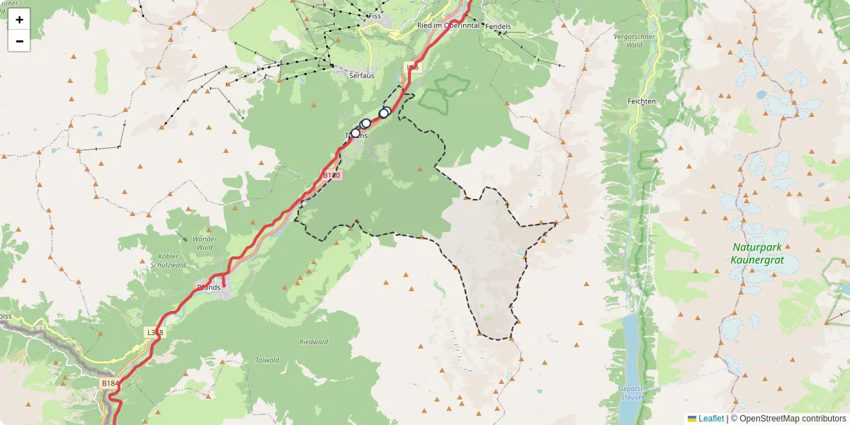 Nahverkehrsnetz in tosens, Österreich - Buslinien, Haltestellen und Verbindungen auf der Karte