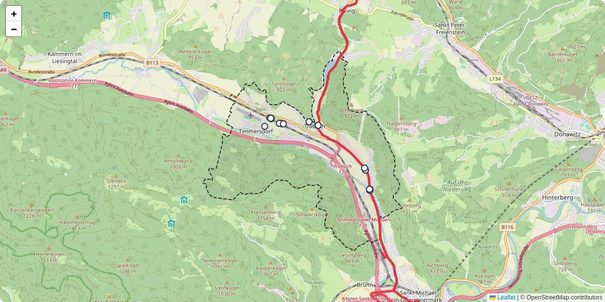 Nahverkehrsnetz in traboch, Österreich - Buslinien, Haltestellen und Verbindungen auf der Karte