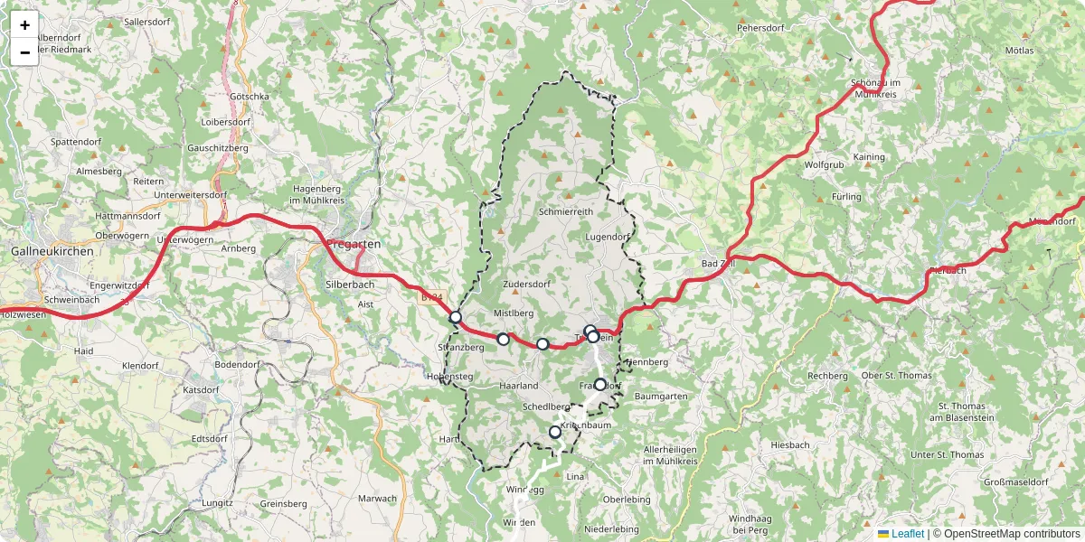 Nahverkehrsnetz in tragwein, Österreich - Buslinien, Haltestellen und Verbindungen auf der Karte