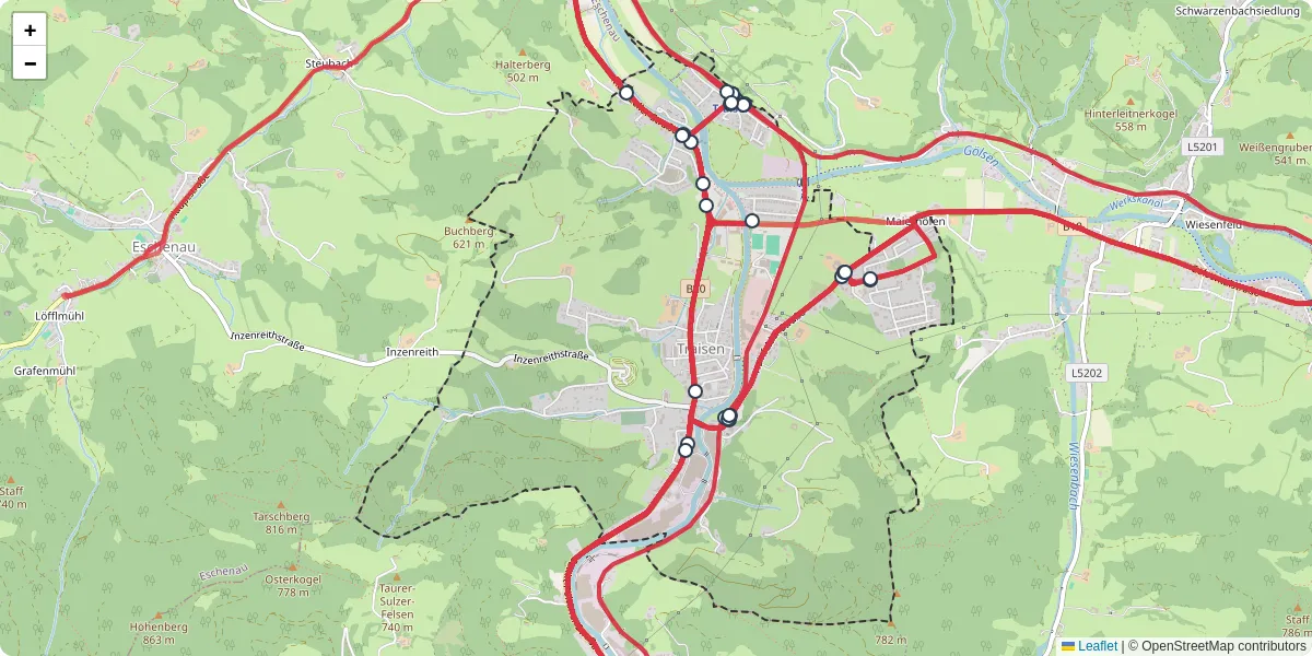 Nahverkehrsnetz in traisen, Österreich - Buslinien, Haltestellen und Verbindungen auf der Karte