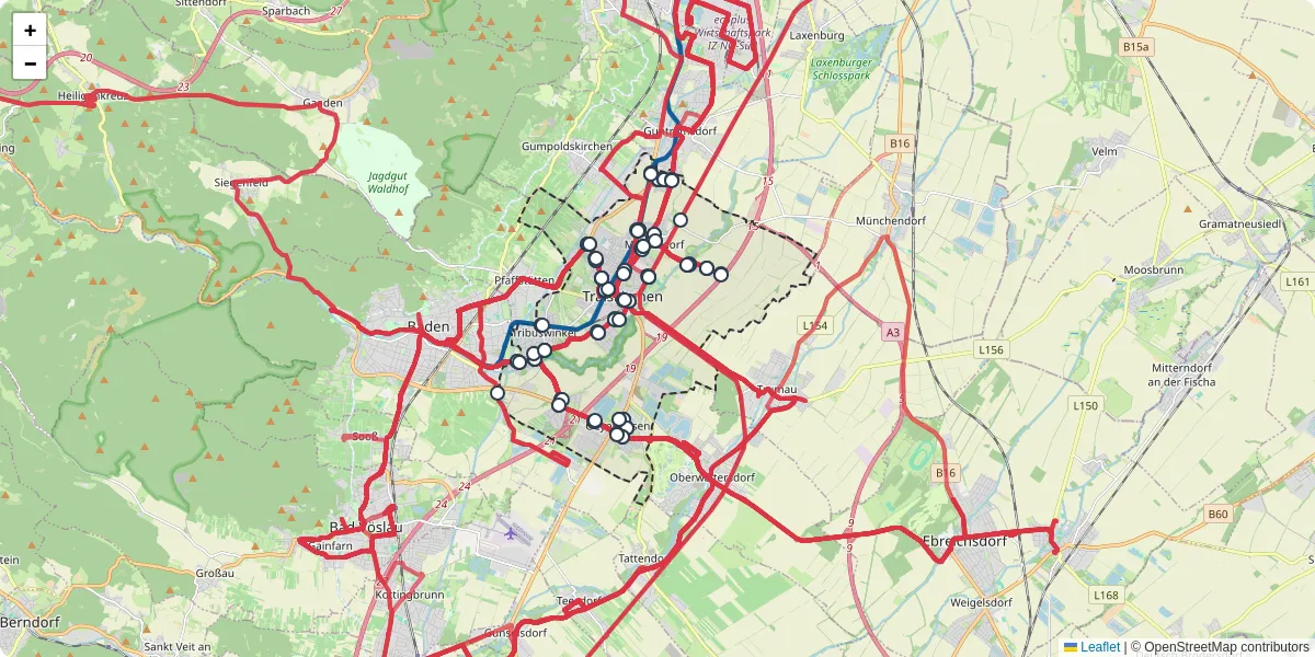 Nahverkehrsnetz in traiskirchen, Österreich - Buslinien, Haltestellen und Verbindungen auf der Karte